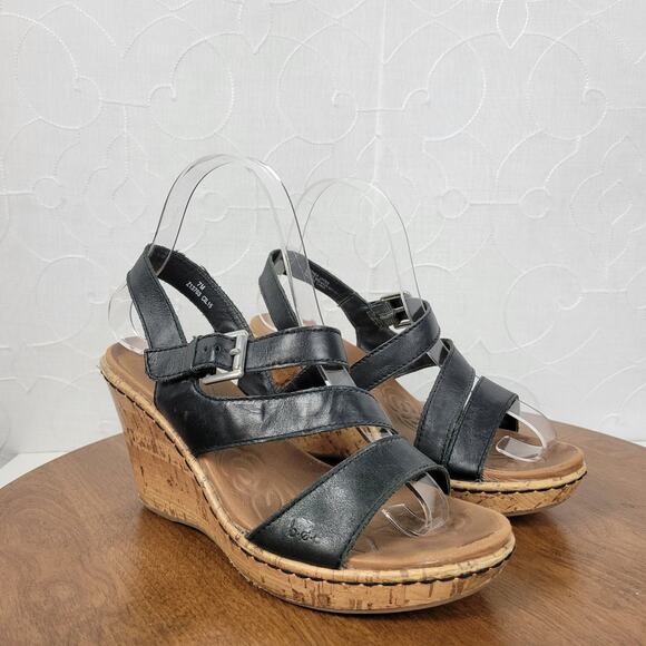 B.O.C Womens Schirra Sandals‎ 7 Black Leather Cork Wedge Sling Back Buckle Strap - Picture 3 of 14